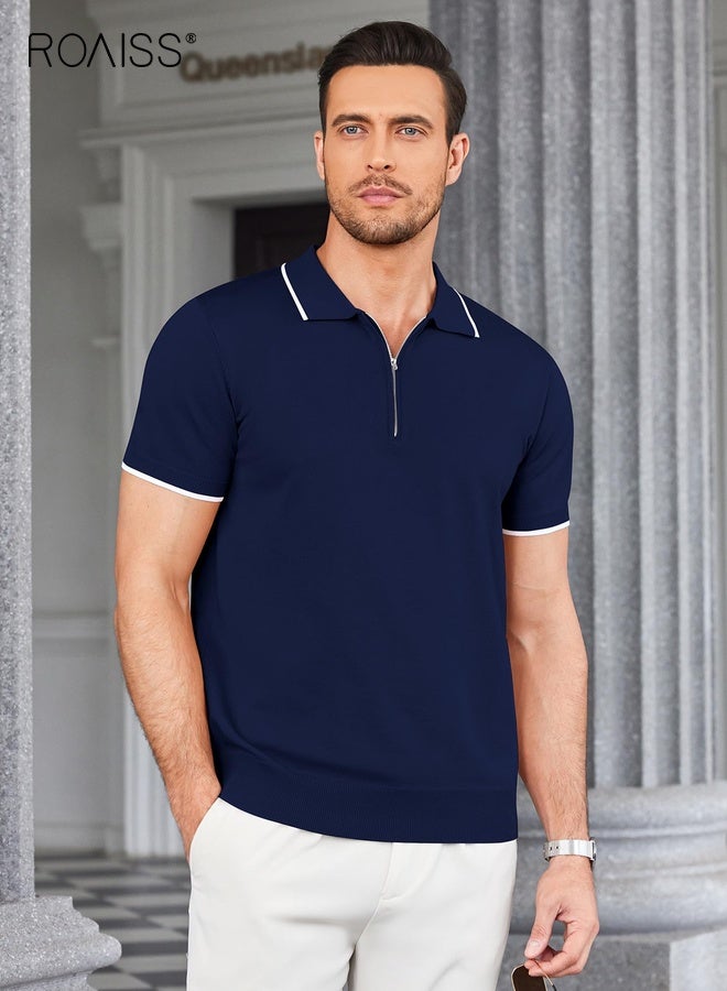 roaiss Men's Classic Fit Zipper Polo Shirt Casual Short Sleeve Knit T-Shirt with White Stripes, Business Office Style Polo T Shirt for Men Navy Blue - Image 3