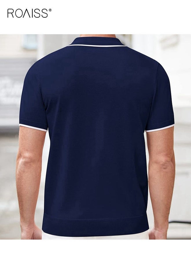 roaiss Men's Classic Fit Zipper Polo Shirt Casual Short Sleeve Knit T-Shirt with White Stripes, Business Office Style Polo T Shirt for Men Navy Blue - Image 2