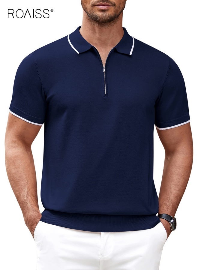 roaiss Men's Classic Fit Zipper Polo Shirt Casual Short Sleeve Knit T-Shirt with White Stripes, Business Office Style Polo T Shirt for Men Navy Blue - Image 1
