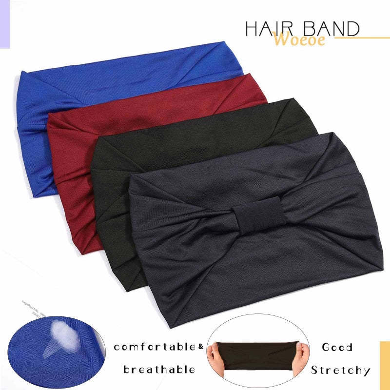 Woeoe Headbands for Women, Wide Headband for Women, Stretchy Workout Hair Bands, 4-Pack, Black, Bow Style - Image 2