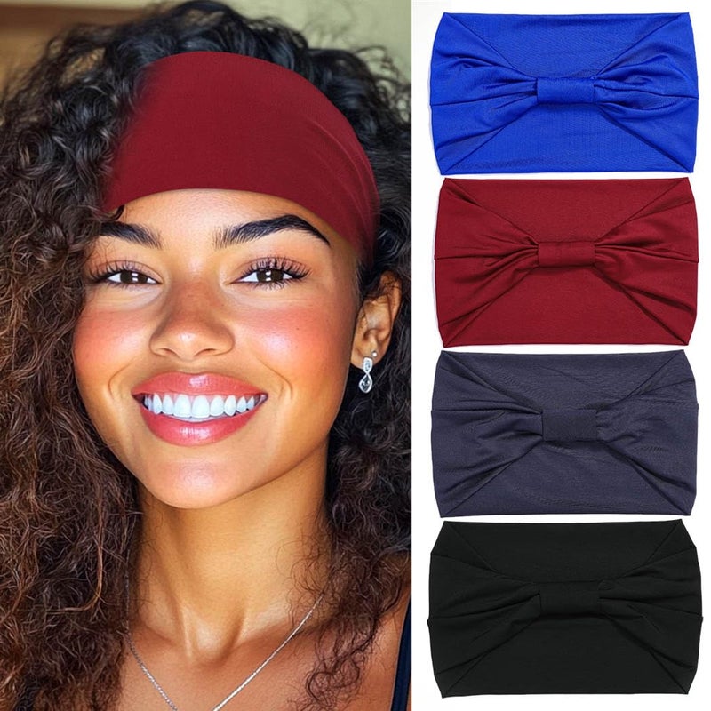 Woeoe Headbands for Women, Wide Headband for Women, Stretchy Workout Hair Bands, 4-Pack, Black, Bow Style - Image 1