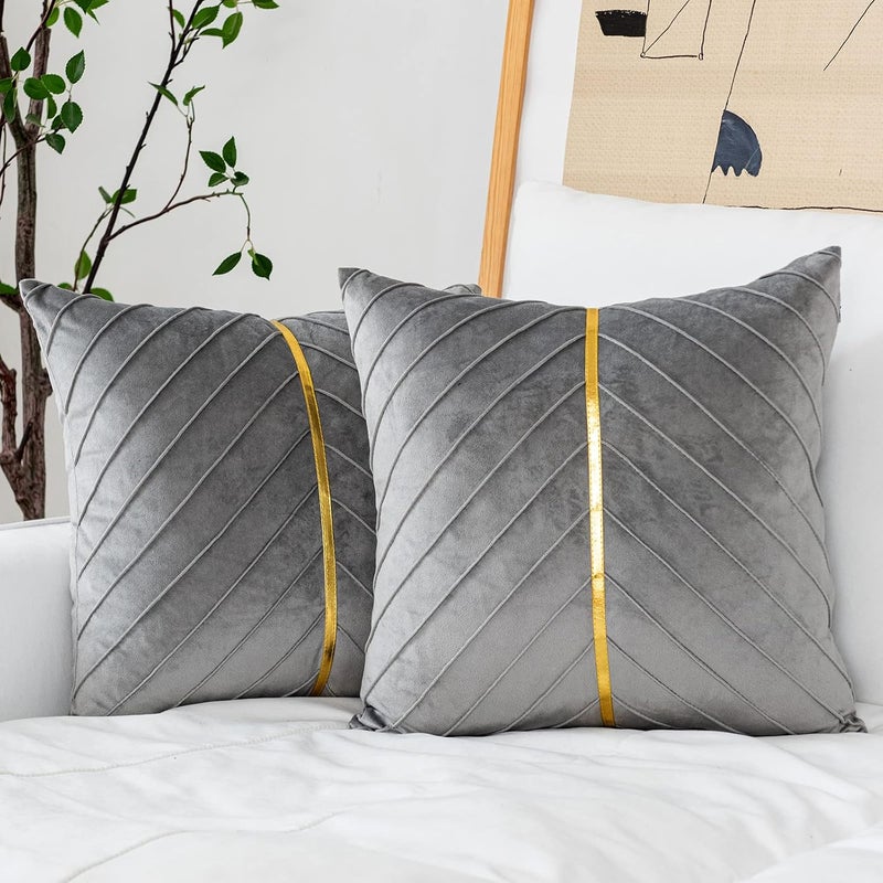 WACOMECO Velvet Throw Pillow Covers, Pack of 2 Soft Gold Decorative Cushion Covers for Couch Sofa Living Room Home Decoration, Grey, 20x20 inch - Image 1