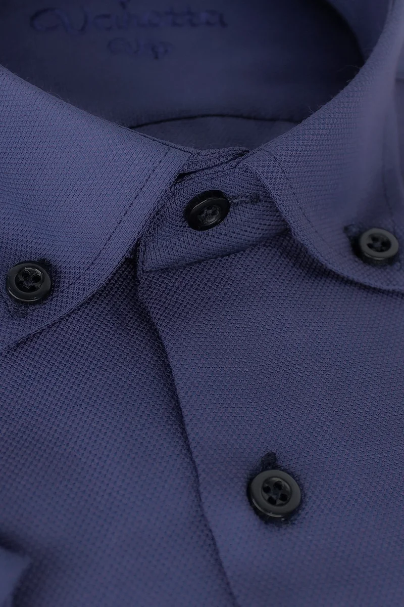 فاريتا Men's Navy Blue Short Sleeve Classic Cut Collar Buttoned Cotton Satin Shirt
