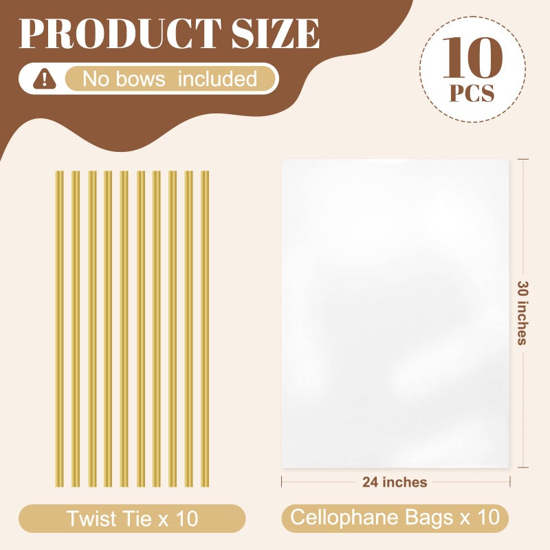 PureGuard 10 PCS Clear Cellophane Bags, Large Plastic Cellophane Gift Bags 24x30 Inch Cellophane Wrap for Gift Baskets with Twist Ties for Wedding Birthday Christmas Party Favor - Image 4