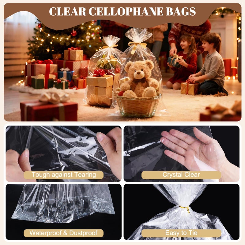 PureGuard 10 PCS Clear Cellophane Bags, Large Plastic Cellophane Gift Bags 24x30 Inch Cellophane Wrap for Gift Baskets with Twist Ties for Wedding Birthday Christmas Party Favor - Image 3