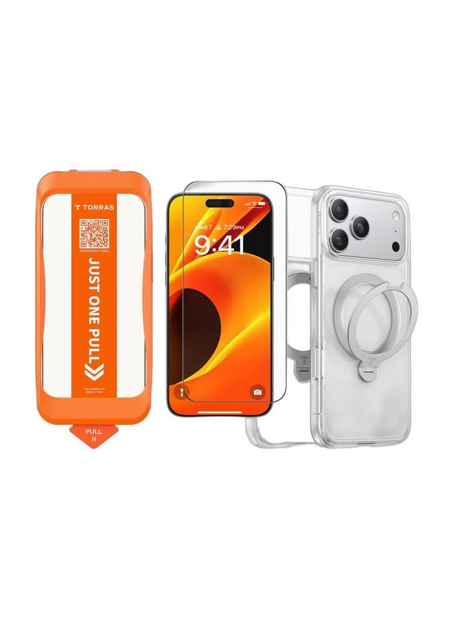 TORRAS حماية شاشة واضحة من Install Master Series لجهاز iPhone 17 Pro – زجاج فضائي 9H+، تغطية كاملة، خالية من الفقاعات - غلاف واضح من O-Stand Spin Series لجهاز iPhone 17 Pro – قاعدة قابلة للدوران 360°، MagSafe، بمواصفات عسكرية - حزمة واضحة - Image 1
