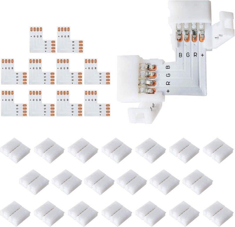 JACKYLED 20Packs L Shape 4-Pin LED Connectors with 22Pcs Clips 10mm for Strip Lights - 10mm 4pin - Image 1
