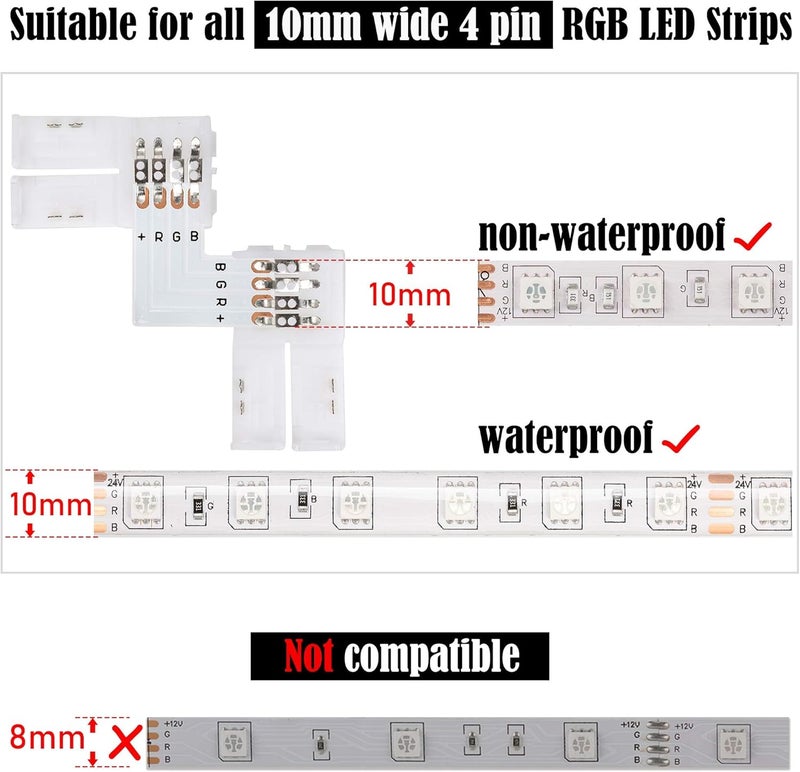 JACKYLED 20Packs L Shape 4-Pin LED Connectors with 22Pcs Clips 10mm for Strip Lights - 10mm 4pin - Image 4