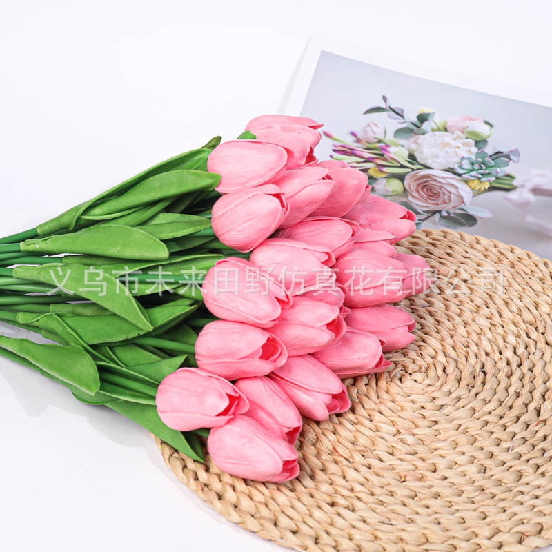 PU Tulips Artificial Bouquet Home Decor Deep Powder - Image 1