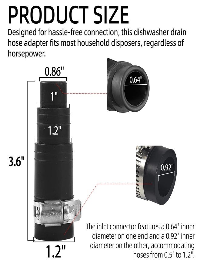 TonGass DWC-00 Dishwasher Connector Kit Compatible with In-sinkerator Garbage Disposals, Garbage Disposal Dishwasher Drain Hose Adapter - Include 1 Inlet Connector, 1 Hose Clamp and 3 Spring Clamps - Image 2