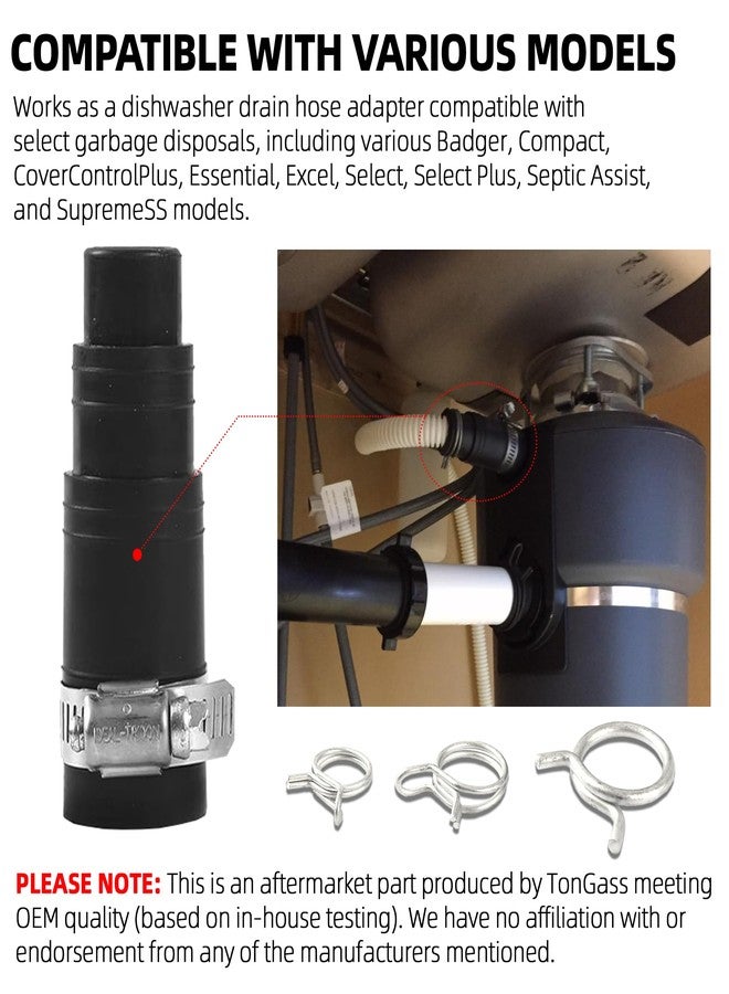 TonGass DWC-00 Dishwasher Connector Kit Compatible with In-sinkerator Garbage Disposals, Garbage Disposal Dishwasher Drain Hose Adapter - Include 1 Inlet Connector, 1 Hose Clamp and 3 Spring Clamps - Image 3