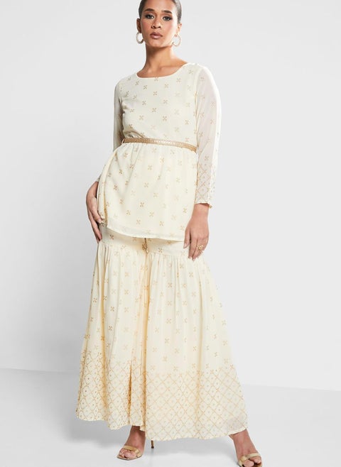 Mesh Detail Peplum Kurti & Sharara Pants Set