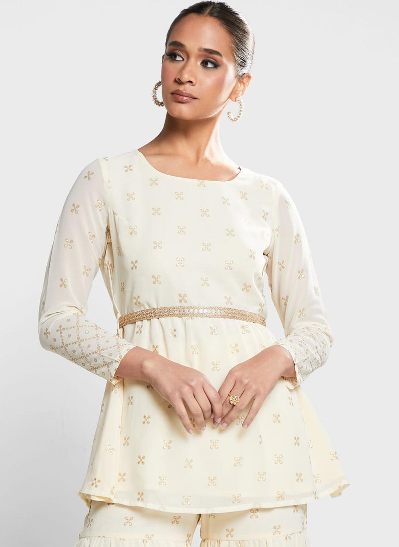 indya - Mesh Detail Peplum Kurti & Sharara Pants Set - Image 1