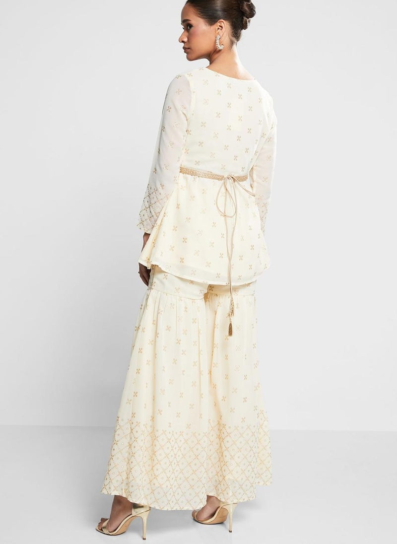 indya - Mesh Detail Peplum Kurti & Sharara Pants Set - Image 1