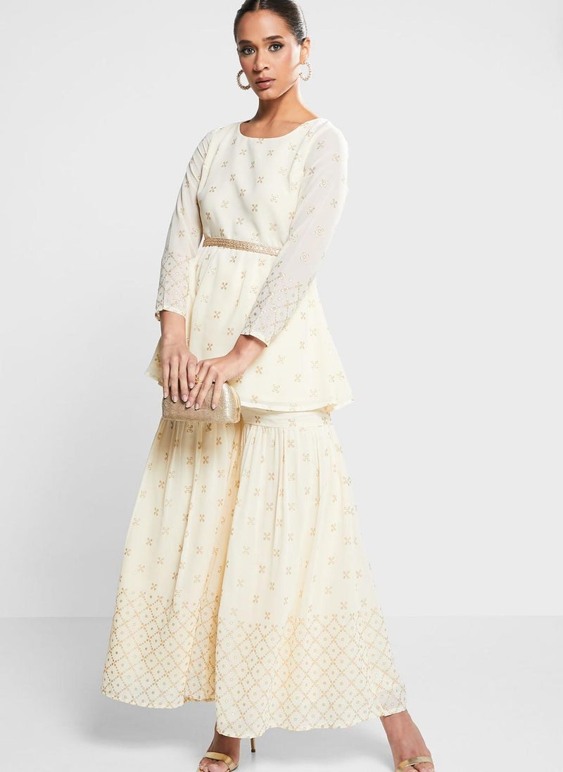 indya - Mesh Detail Peplum Kurti & Sharara Pants Set - Image 1