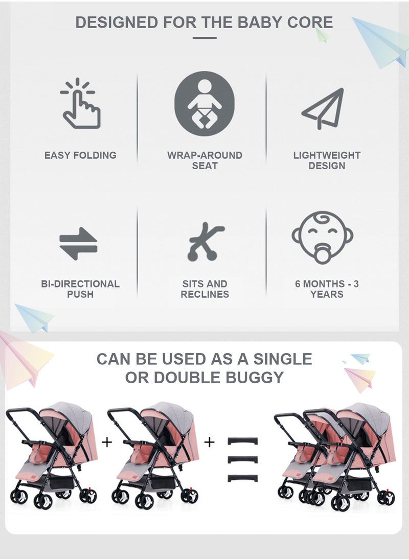 MaBaby - Baby Twin Stroller, Side By Side Double Strollers, Detachable and Reversible Pushchair With Adjustable Canopy And Backrest, Can Sit And Lie-pink a-5 - Image 1
