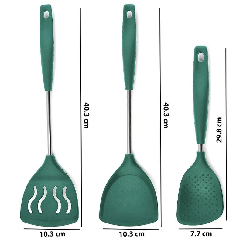 P-Plus International Rice Spoons for Serving Rice Scooper Slotted Fish Turner Steel Dosa Karandi Kitchen Spatula Set Rice Punja Rice Paddle Spatulas Spatula Set for Non Stick Pan (Set of 3, Green) - Image 2