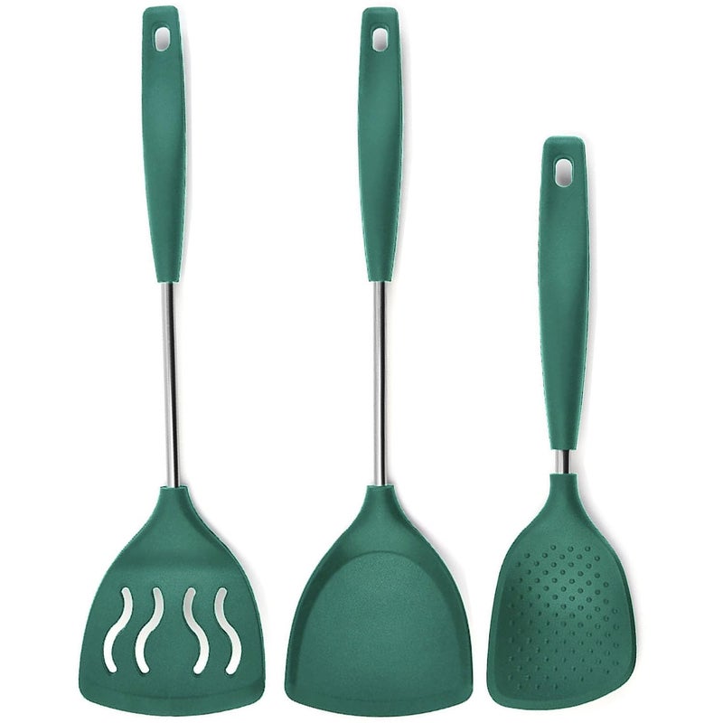 P-Plus International Rice Spoons for Serving Rice Scooper Slotted Fish Turner Steel Dosa Karandi Kitchen Spatula Set Rice Punja Rice Paddle Spatulas Spatula Set for Non Stick Pan (Set of 3, Green) - Image 1