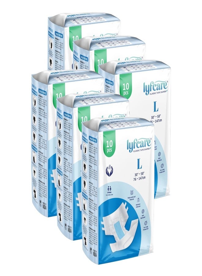 Lyfcare Open Tape Adult Diaper Large Size (L) - 60 Units (Pack of 6) | Unisex Diapers Open Tape | Waist (76-147 cm) | Wetness Indicator, Super absorb, 360° Protection & 0% Leakage | For Men & Women - Image 1