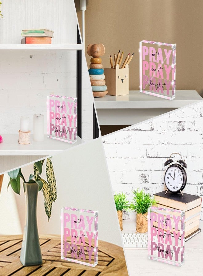 zaxek Pink Inspirational Decor Pray Over It Bible Verse Wall Art Christian Gifts for Women, 4x 4 Inches Office Desk Accessories Decor Sign, Pink Dorm Room Decoration for Women - Pray on it Pray through it - Image 4