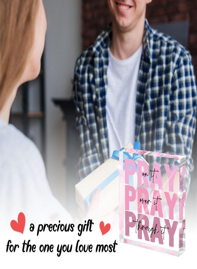 zaxek Pink Inspirational Decor Pray Over It Bible Verse Wall Art Christian Gifts for Women, 4x 4 Inches Office Desk Accessories Decor Sign, Pink Dorm Room Decoration for Women - Pray on it Pray through it - Image 5