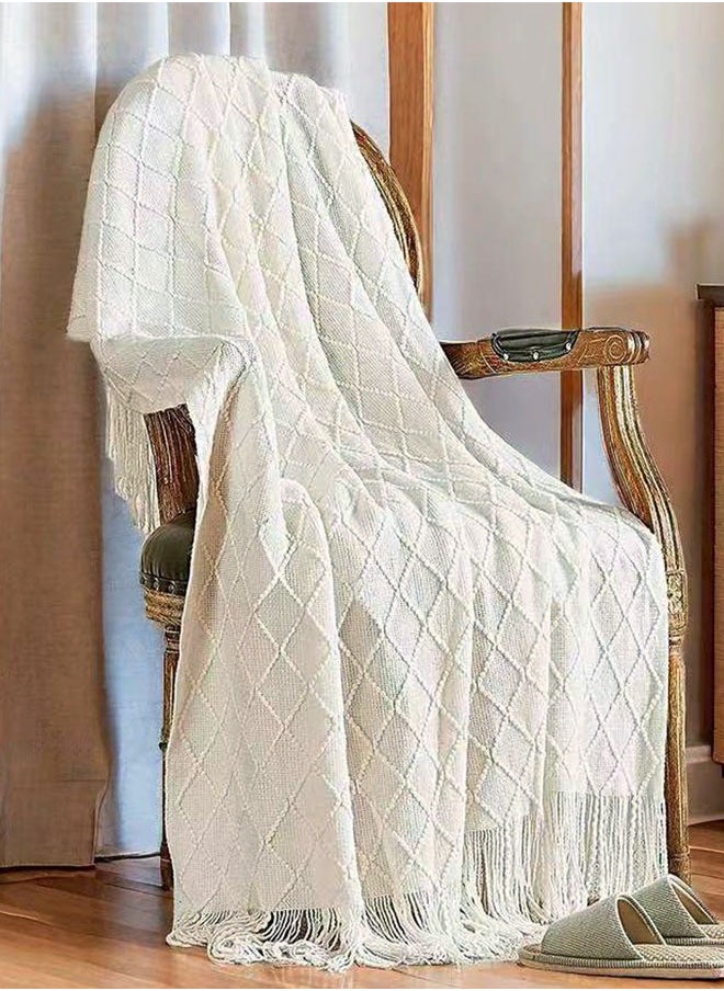 وهاواي Knitted Tassel Blankets, Super Soft Cozy Lightweight Decorative Throw Blankets for Couch , Bed, Sofa, Outdoor Throw Blanket All Seasons 127x178CM（Beige）  - Image 5