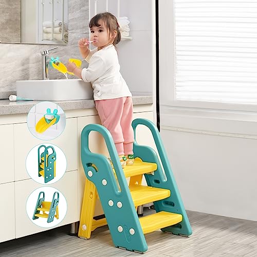 Onasti Foldable Toddler Step Stool for Bathroom Sink Adjustable 3 Step Stool for Kids Toilet Potty Training Stool with Handles Child Kitchen Counter Stool Helper Plastic Ladder for Toddlers Green