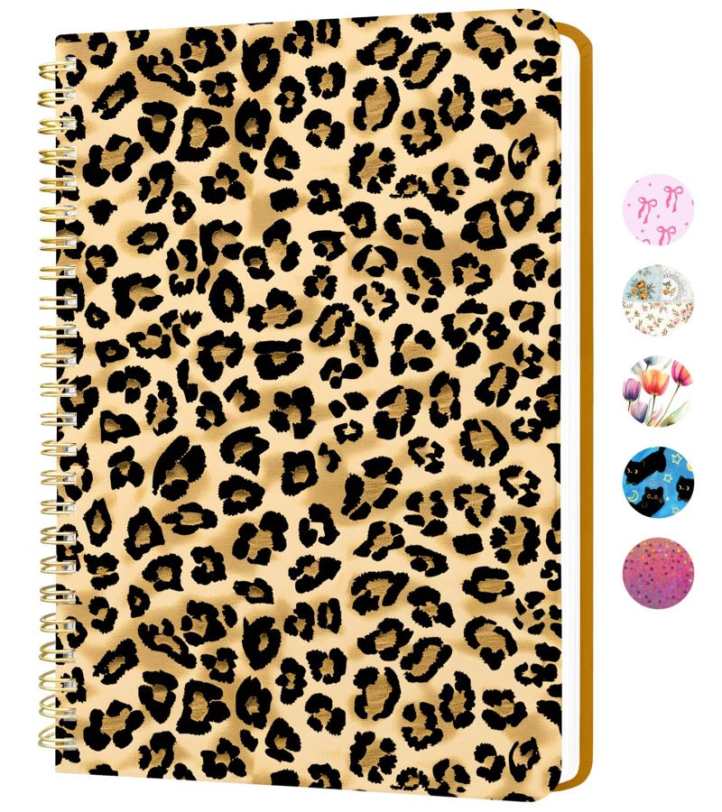 Stanoha Cute Spiral Notebook A5 Journal for Women Girls Kawaii Aesthetic Pretty Floral Design with Pocket, 8.5 x 5.7 inch, Line, Leopard Print - Image 1