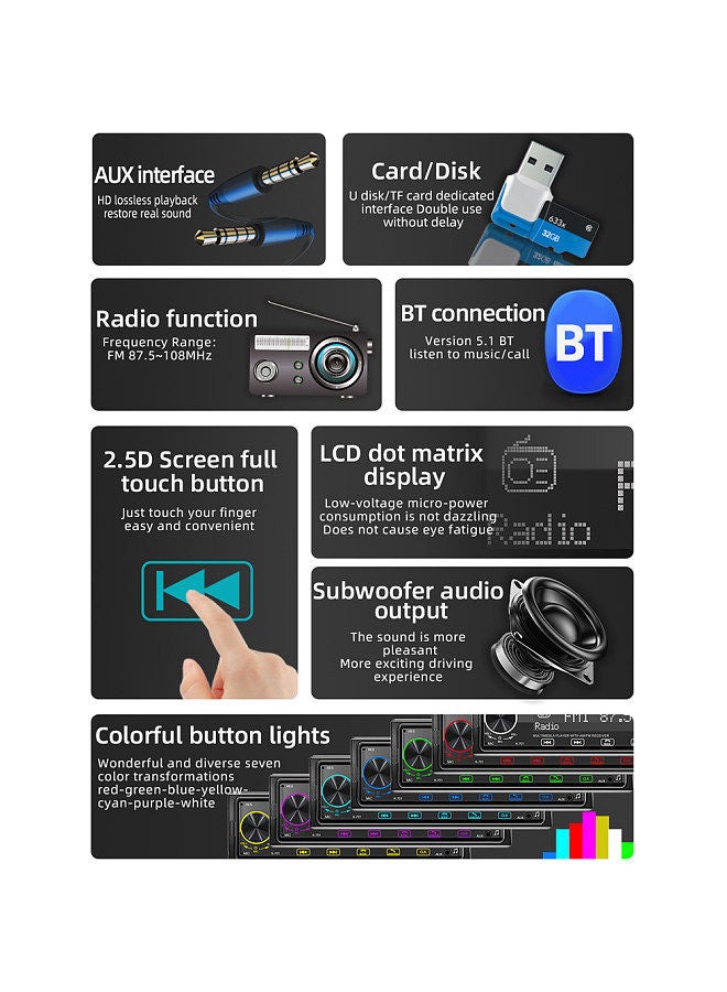 Single Din Car Stereo Receiver 1 Din MP3 Player FM DAB Radio with Full-Touching Button Support Hands-Free Calling USB Charging U-Disk/TF Card/AUX-IN BT