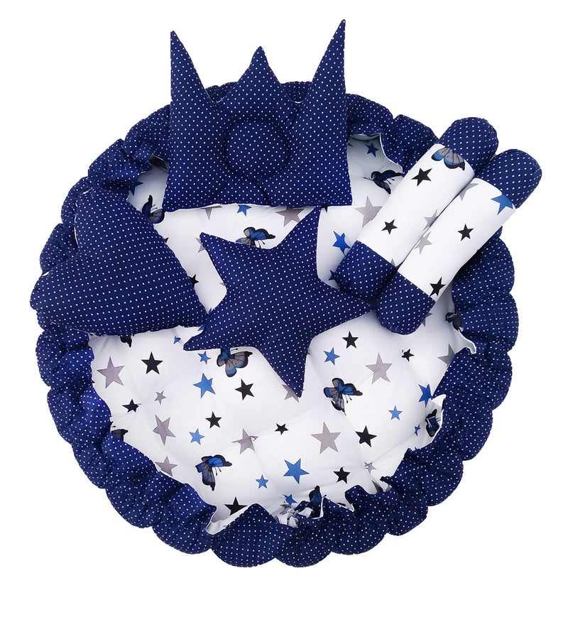 LOREM Blue 5 Pillows & Round Shape Cotton Baby Bed for 0-1 Year BB02 - Image 1