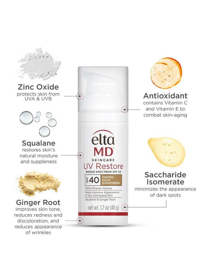 ايتا ام دي واقي الشمس الملون للوجه من EltaMD UV Restore، عامل حماية من الشمس 40، واقي شمس معدني ملون لإصلاح البشرة المتضررة من الشمس، تركيبة واقية من الشمس من أكسيد الزنك، أنبوب 2 أونصة - Image 3