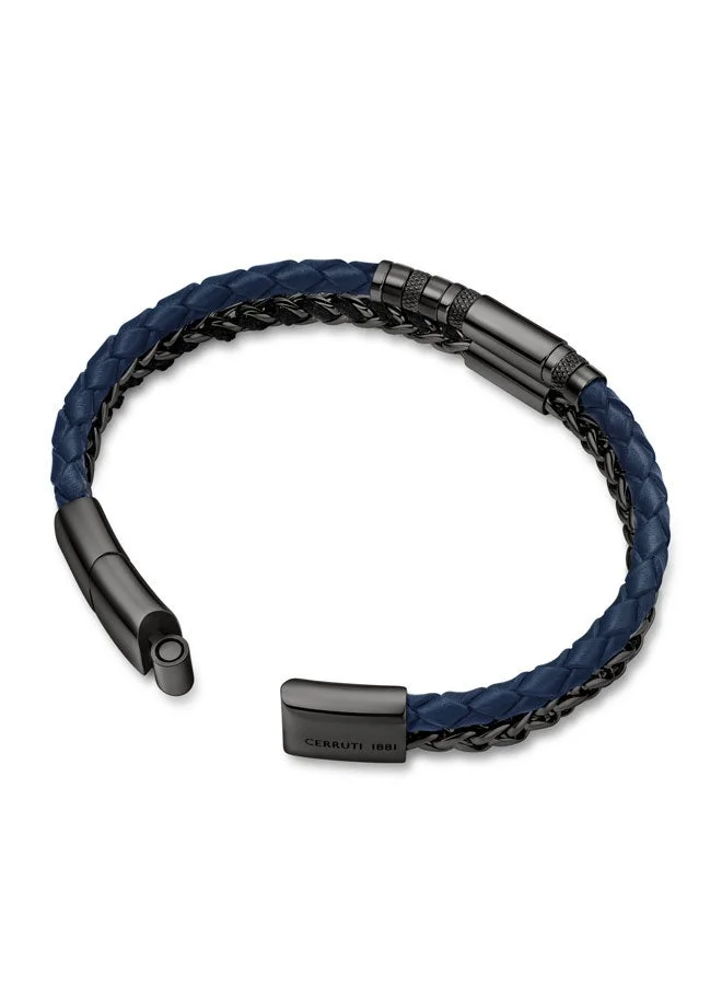 CERRUTI 1881 Alto Black Stainless Steel Black Blue Double Layered Leather Bracelet for Men 180mm