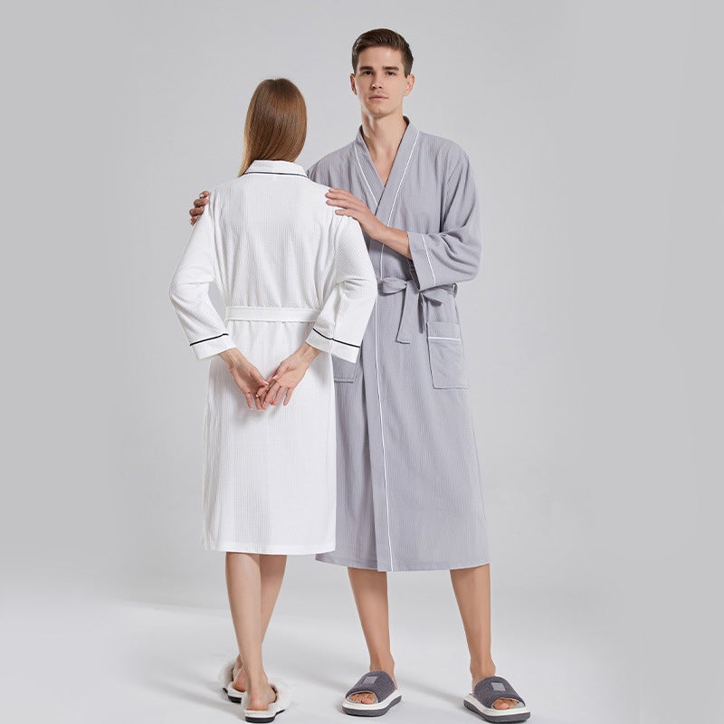 Thin Long Hotel Style Couples Bathrobe Womens Mens Comfortable Breathable Home Leisure Polyester Waffle Fabric All Seasons Grey  - Image 4