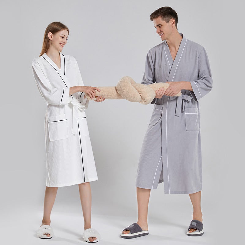 Thin Long Hotel Style Couples Bathrobe Womens Mens Comfortable Breathable Home Leisure Polyester Waffle Fabric All Seasons Grey  - Image 5