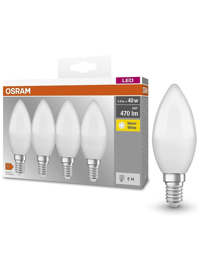 Osram OSRAM LED Base Classic B/LED-lamp in candle shape with E14-base/not dimmable/replacement for 40 Watt/Matt/warm white - 2700 Kelvin, OS-LED-CLB-4.9W-WW-FS (4-PACK)  - Image 1
