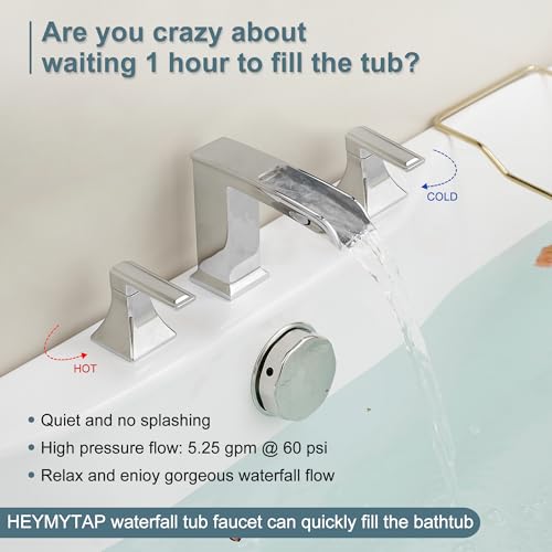 HEYMYTAP Brass Roman Tub Faucets High Flow Waterfall Deck Mount Bathtub Faucet Set Widespread 3 Hole with Dual Handles PreInstalled Hose Modern Style Suit Soaking Tub Chrome - Image 3