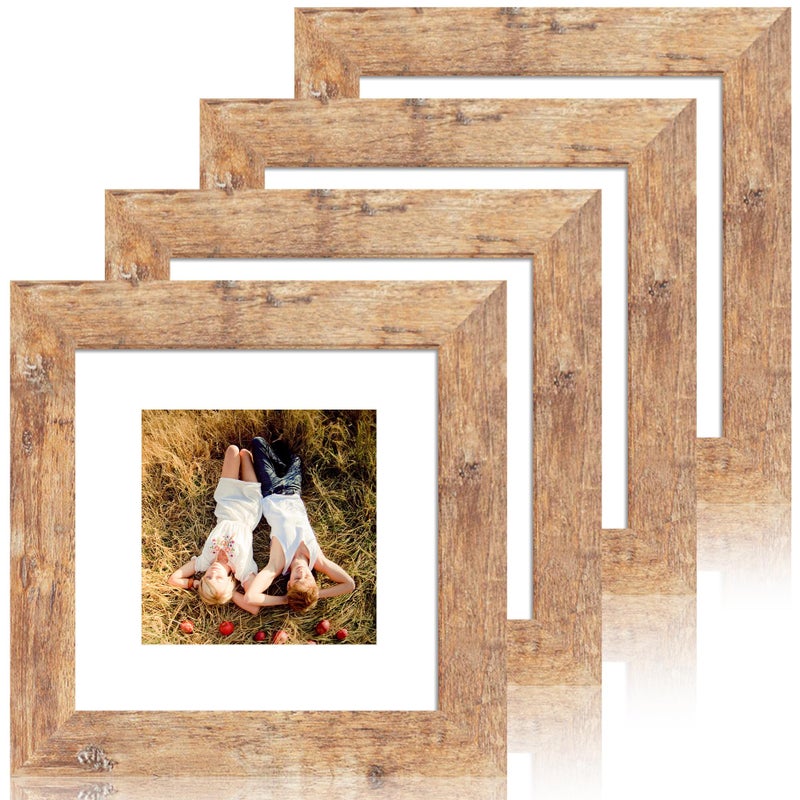 iRahmen 6x6 Picture Frame Set of 4 with Real Glass, Rustic Brown Frames Display 4x4 Picture with Mat or 6 x 6 Without Mat, Square Wood Photo Frame for Wall Mount and Tabletop Display - Image 1