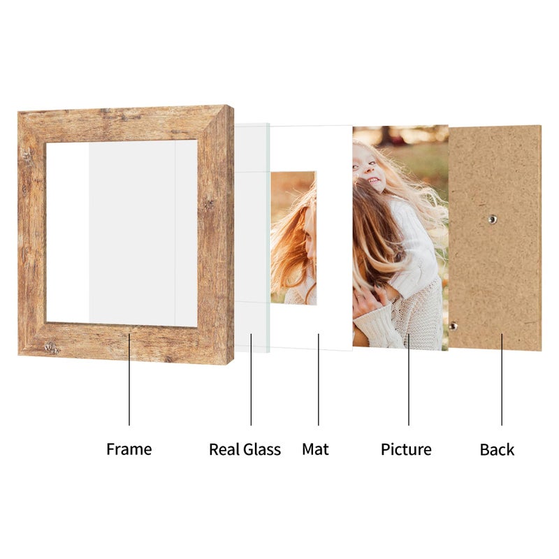 iRahmen 6x6 Picture Frame Set of 4 with Real Glass, Rustic Brown Frames Display 4x4 Picture with Mat or 6 x 6 Without Mat, Square Wood Photo Frame for Wall Mount and Tabletop Display - Image 3