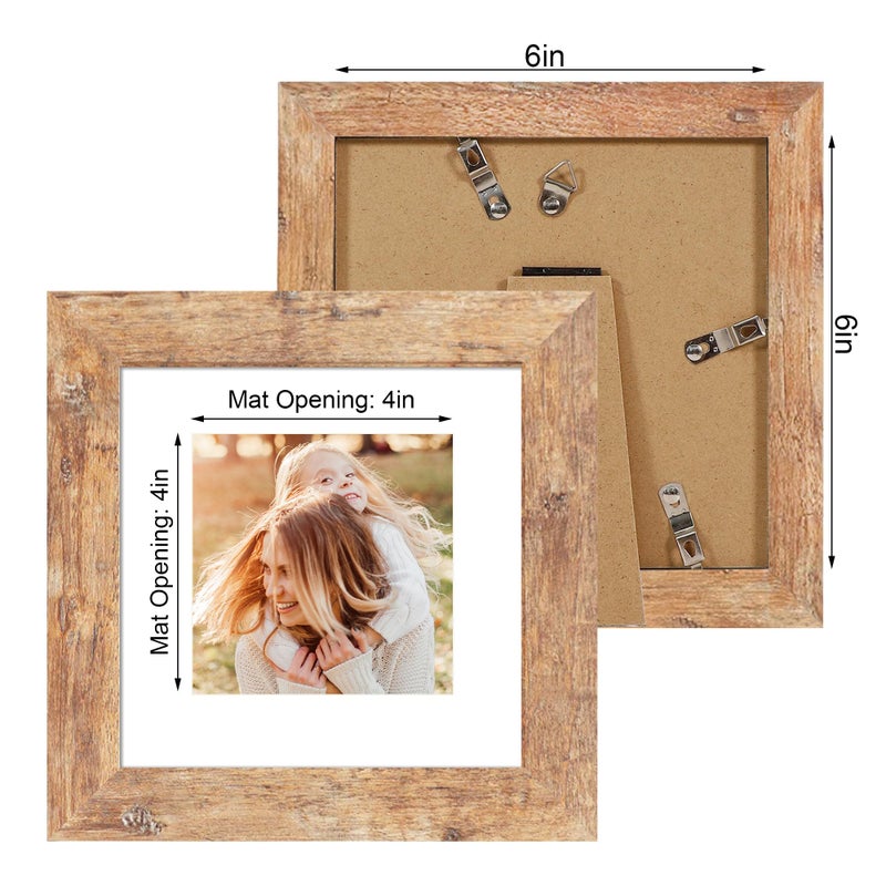 iRahmen 6x6 Picture Frame Set of 4 with Real Glass, Rustic Brown Frames Display 4x4 Picture with Mat or 6 x 6 Without Mat, Square Wood Photo Frame for Wall Mount and Tabletop Display - Image 4