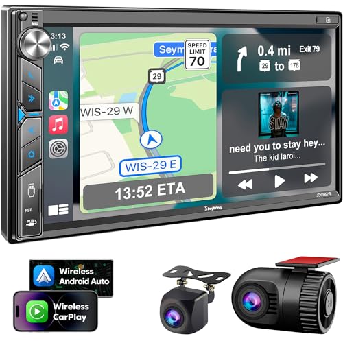 SJOYBRING Double Din Car Stereo with Dash Cam - Voice Control Carplay, Android Auto, Steering Wheel Controls, 7" HD Touchscreen, Backup Camera, Bluetooth, Mirror Link, Subw, USB/TF/AUX, AM/FM Radio Receiver - Image 1