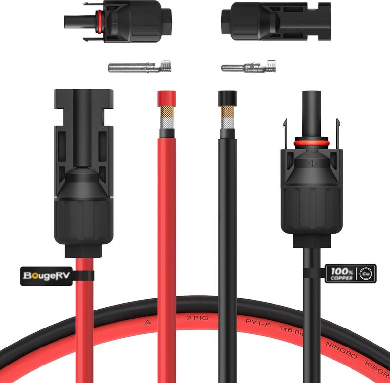 BougeRV 10 Feet 10AWG Solar Extension Cable with Female and Male Connector with Extra Pair of Connectors Solar Panel Adaptor Kit Tool (10FT Red + 10FT Black) - Image 1