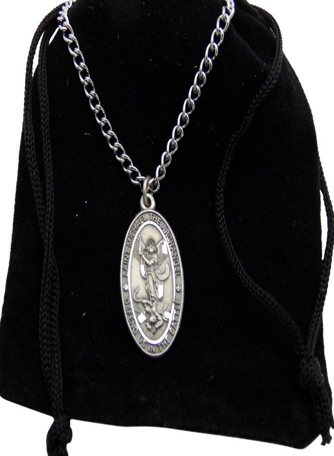 WJH Saint Michael Pewter Medal Oval Pendant 1 Inch on 24 Inch Stainless Steel Chain Gift - Image 2