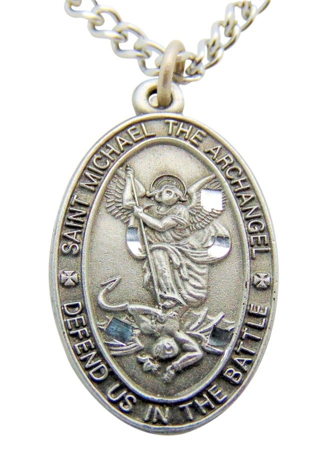 WJH Saint Michael Pewter Medal Oval Pendant 1 Inch on 24 Inch Stainless Steel Chain Gift - Image 1