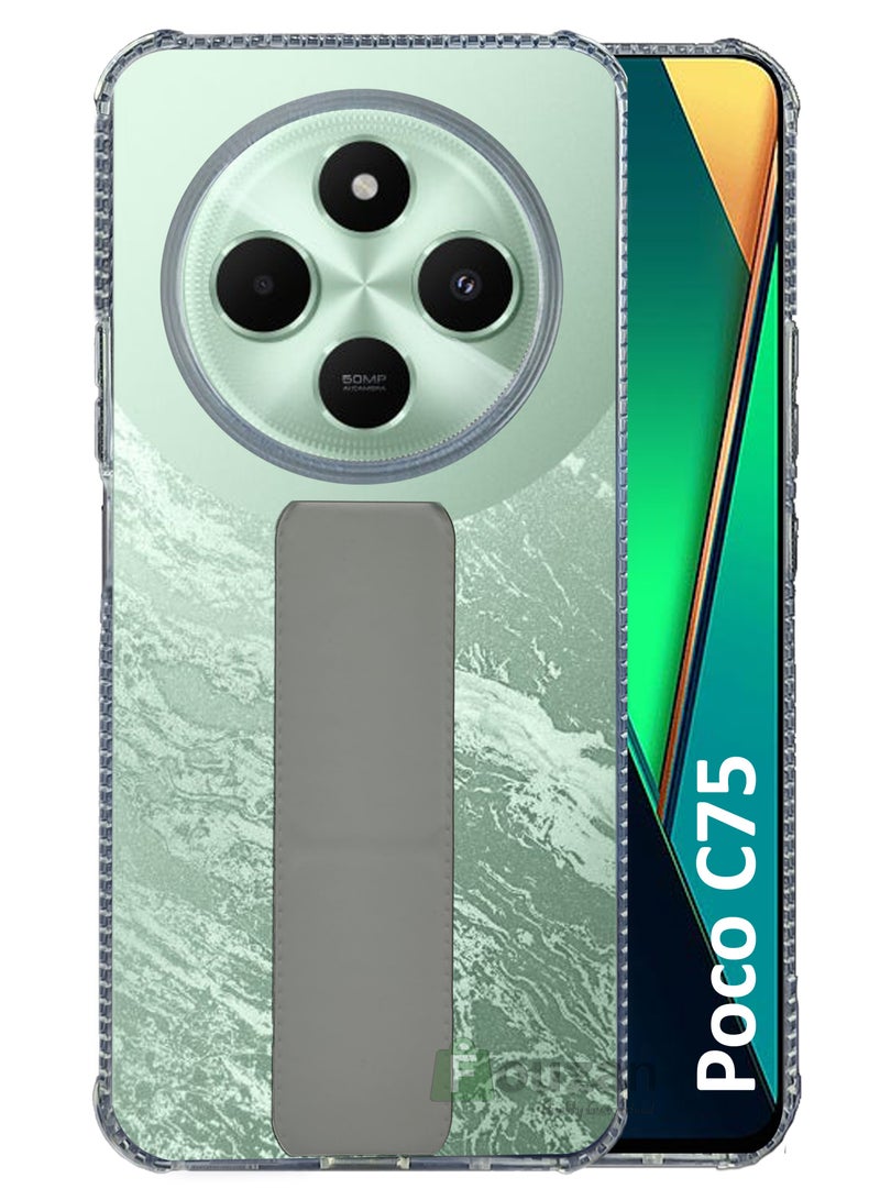 For  Poco C75 -Transparent Shock Proof Silicone- Magnetic Case With Hand Grip Holder & Kickstand -Clear/Grey - Image 1