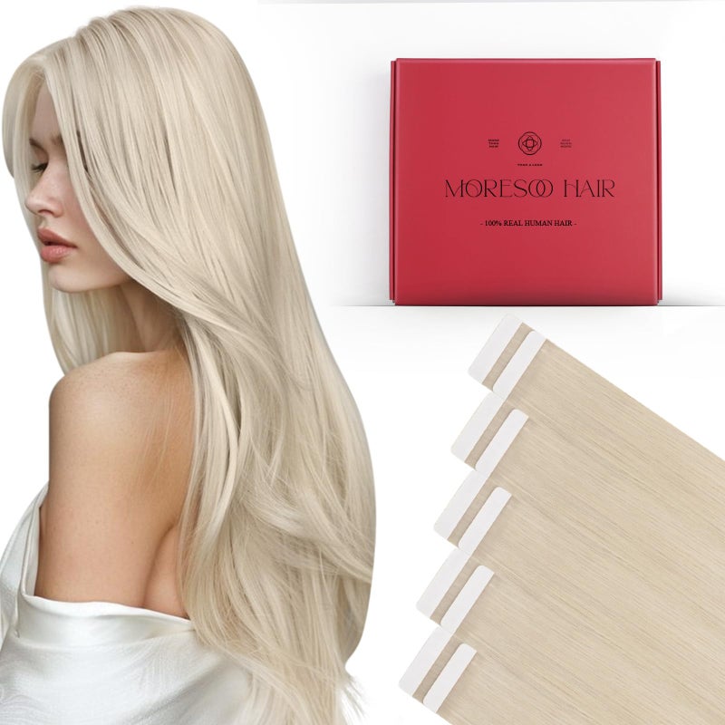 Moresoo Tape in Hair Extensions Human Hair,22 Inch 10 Pcs 25 Grams,#60 Platinum Blonde, Fashion Seamless Tape in Hair Extensions,For Party Wedding - Image 1