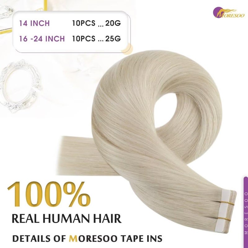 Moresoo Tape in Hair Extensions Human Hair,22 Inch 10 Pcs 25 Grams,#60 Platinum Blonde, Fashion Seamless Tape in Hair Extensions,For Party Wedding - Image 3