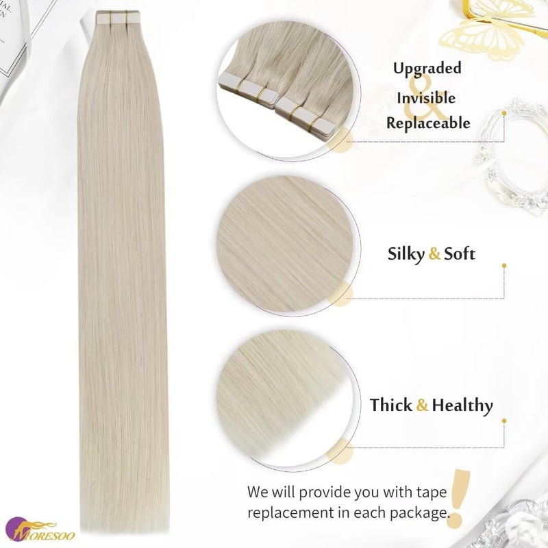 Moresoo Tape in Hair Extensions Human Hair,22 Inch 10 Pcs 25 Grams,#60 Platinum Blonde, Fashion Seamless Tape in Hair Extensions,For Party Wedding - Image 2