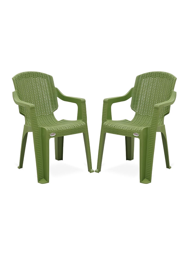 Supreme chairs Mark Designer Back Rattan Type Plastic Chair in Matte Finish with Armrest for Home and Office Use Color Mehandi Green Count 2