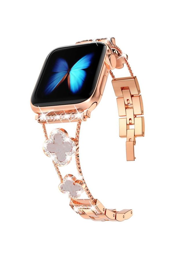 Replacement Strap Four-leaf Clover Diamond Watch Band For Apple Watch Series 9&8&7 41mm / SE 3&SE 2&6&SE&5&4 40mm / 3&2&1 38mm Rose Gold White Shell