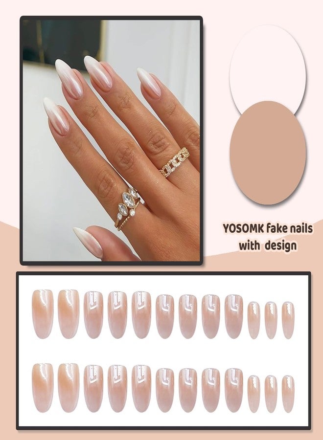 YOSOMK أظافر يوسومك الاصطناعية على شكل لوز متوسطة مع تصاميم كروم لامعة أومبري بيضاء تغطي كامل الظفر أظافر مزيفة لاصقة من الأكريليك للنساء والفتيات - Image 4